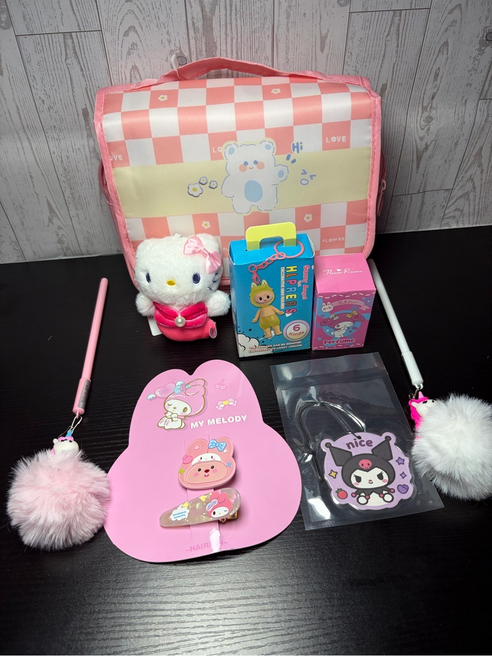 Sanrio Pink Checkered Kids Toiletry Bag with Bear Design FILLED WITH GOODIES!!